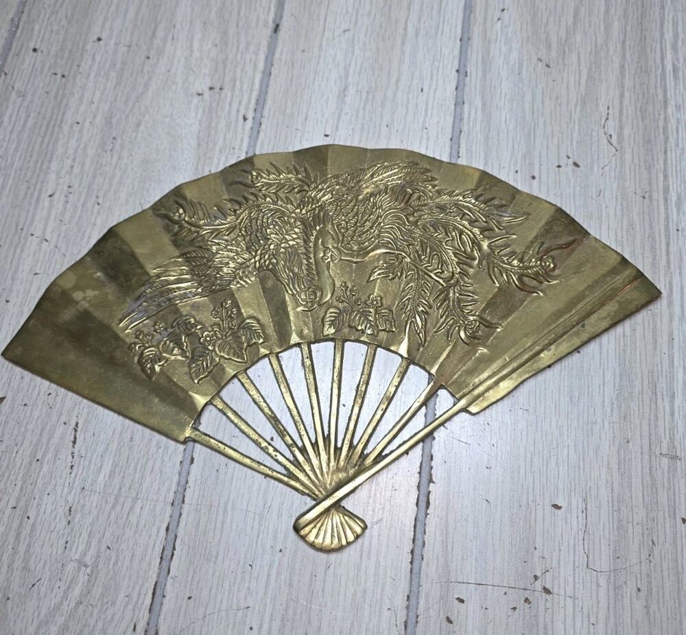 Vintage Solid Brass Oriental Style Hand Fan Raised Phoenix Dragon Wall Decor